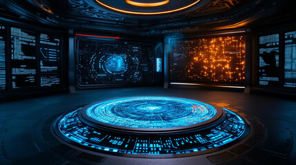 Empowering through technology. futuristic digital control room with glowing interfaces and data displays, showcasing advanced technology and high tech atmosphere