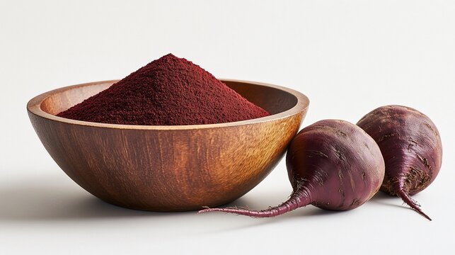 Beetroot powder in wooden bowl with fresh beets. (2)