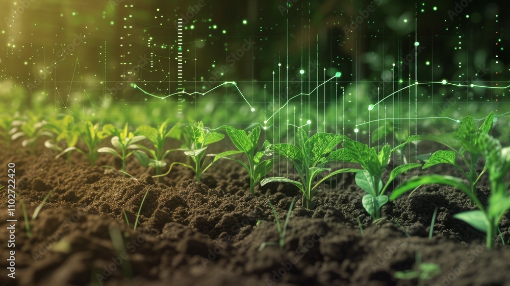 Poster futuristic concept of agricultural technology with digital overlay of data points and graphs over yo