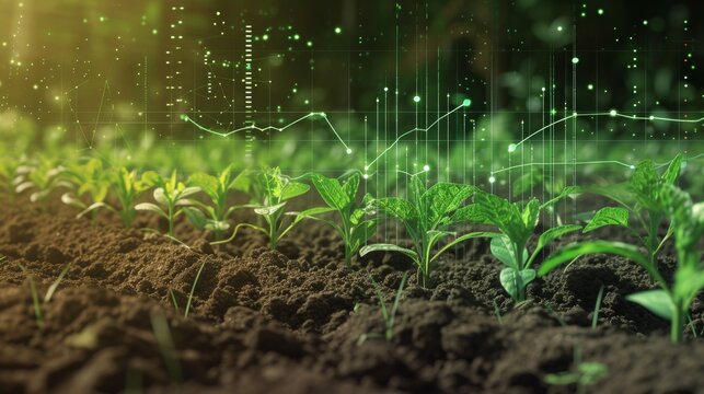Futuristic concept of agricultural technology with digital overlay of data points and graphs over young green crops. The scene blends nature with advanced technology, symbolizing innovation in farming