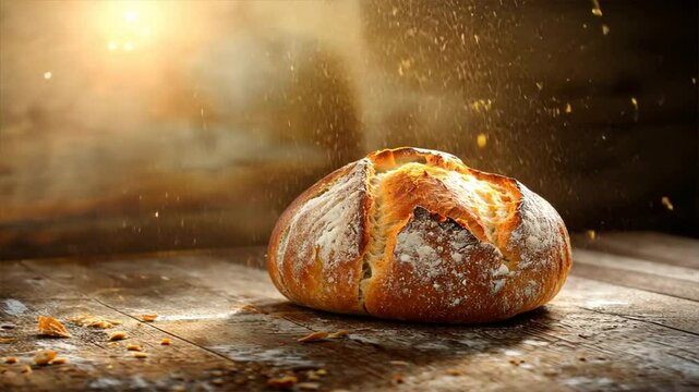 A loaf of bread sits on a wooden table