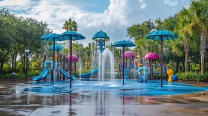 A colorful splash pad with water features and slides in a sunny park setting.