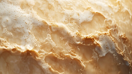 Obraz premium Close-up of sand and water, sea foam on the beach, golden light, background