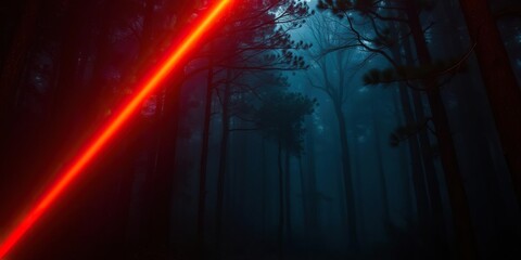A glowing orange laser beam illuminating a dark and mysterious forest, woodland scene, forest, orange laser