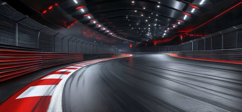 Empty Modern Race Track at Night with Dim Lighting and Guardrails
