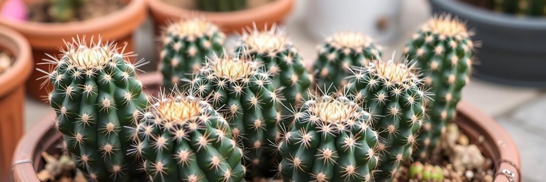 A group of Parodia spp cacti in a garden planter, cactus arrangement, parodia species, potted plants