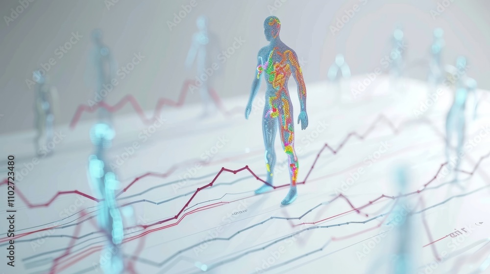 Poster a vibrant 3d render of a human figure standing amidst graphical data visualizations, showcasing a fu