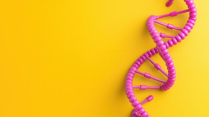 Success prosperity and hard work, A vibrant pink DNA strand spirals against a bright yellow background, symbolizing genetics and molecular biology in a colorful design.