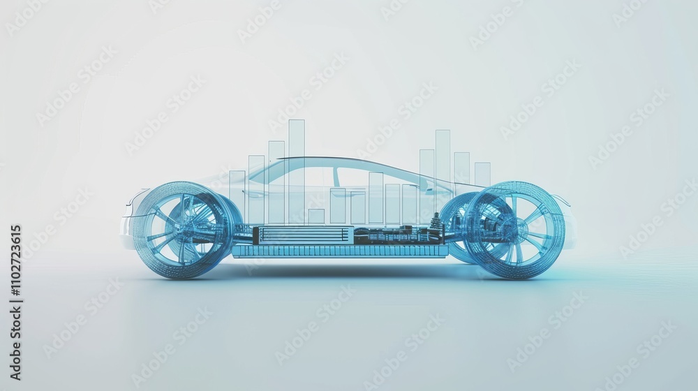 Aufkleber a digital 3d render of an electric vehicle blueprint with data charts overlaid, highlighting technol