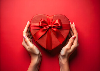 Close-up of female hands holding a gift in a pink heart, present for Valentine's Day, birthday, or anniversary. Flat lay. Symbol of love. Valentine's Day background with a gift box on concrete board.
