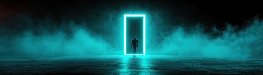 Obraz premium A person stands before a glowing, surreal portal in the mist.