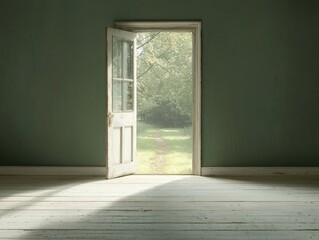 A serene open door leading to a bright, inviting outdoor space.