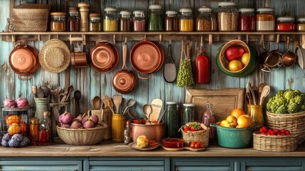 Fototapeta premium A rustic kitchen scene filled with colorful vegetables, jars, and cooking utensils.