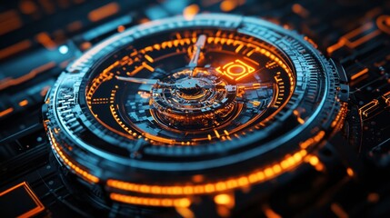 Close-up of a futuristic, intricate mechanical watch with orange and blue glowing accents.