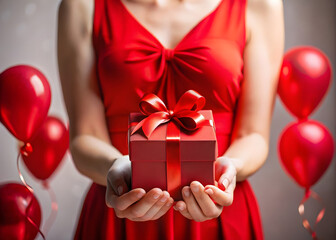 Close-up of female hands holding a gift in a pink heart, present for Valentine's Day, birthday, or anniversary. Flat lay. Symbol of love. Valentine's Day background with a gift box on concrete board.
