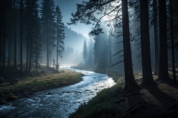 A river of light flowing through a dark forest, light, guidance, river, illumination