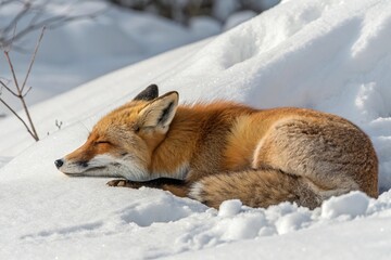 A reddish orange fox snuggled into the snow its nose twitching slightly as it sleeps, fox in the snow, forest creature, woodland creature, snowy landscape