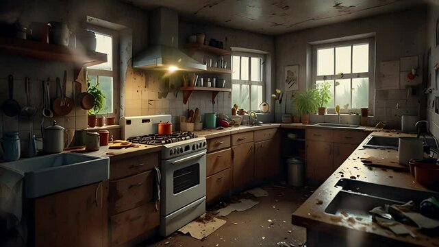 A messy and dirty kitchen space. Seamless 4K looping timelapse video animation background