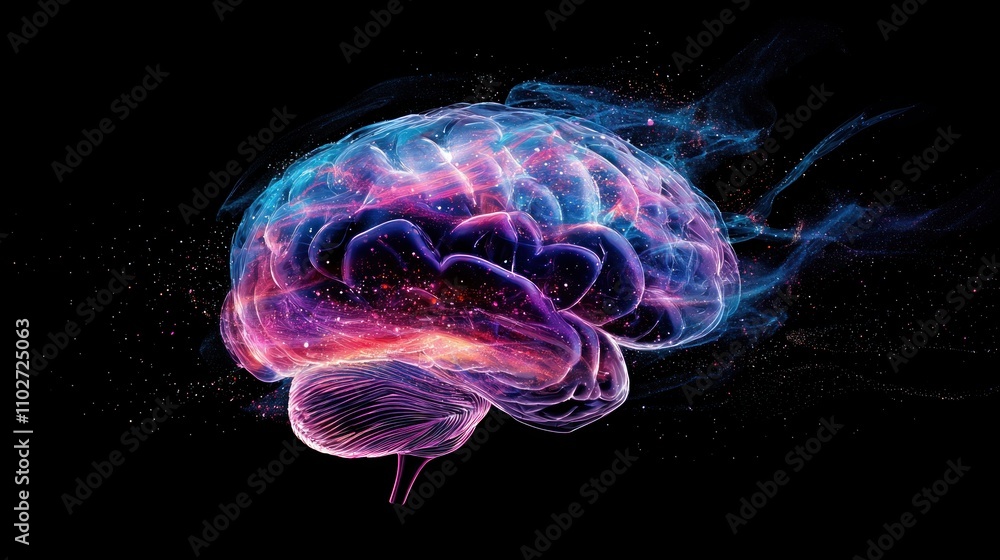 Poster illustration or image of a brain with visual elements suggesting thought or cognitive activity