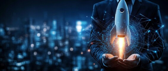 Businessman Launching Futuristic Rocket for Startup Growth in Tech Cityscape