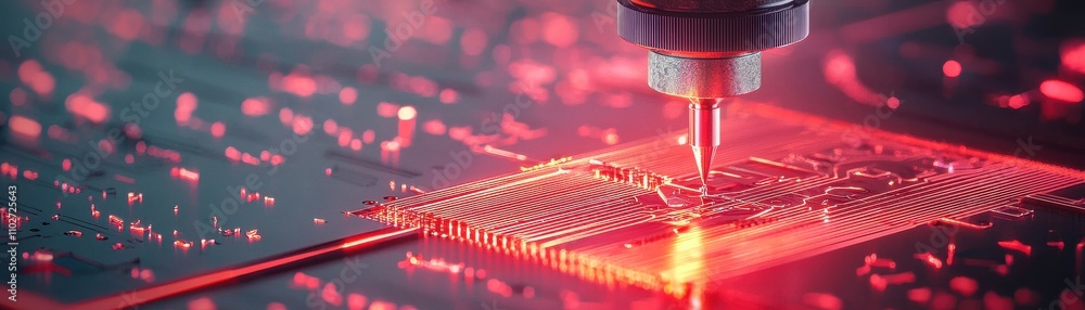 Poster close-up of a laser engraving process on a microchip circuit.