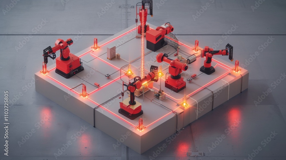 Poster a top-down view of a futuristic robotic assembly line featuring robotic arms, illuminated by glowing