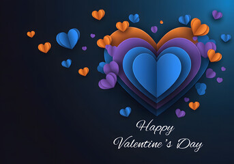 Minimalistic Valentine's Day Design with Layered Red and Blue Paper Hearts, Floating Hearts, and Handwritten Text on Dark Background