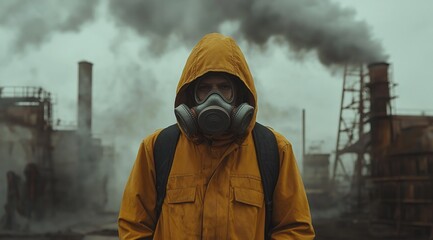 Young Man in Industrial Jacket and Gas Mask in Front of Smoky Factory Scene, Urban Industrial Concept