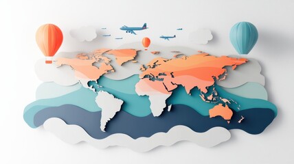 Colorful, artistic world map with hot air balloons and clouds.