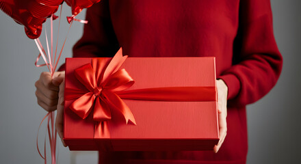 Close-up of female hands holding a gift in a pink heart, present for Valentine's Day, birthday, or anniversary. Flat lay. Symbol of love. Valentine's Day background with a gift box on concrete board.
