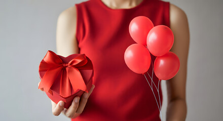 Close-up of female hands holding a gift in a pink heart, present for Valentine's Day, birthday, or anniversary. Flat lay. Symbol of love. Valentine's Day background with a gift box on concrete board.
