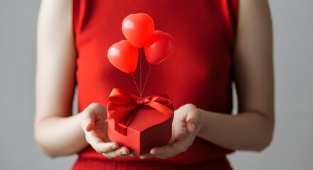 Close-up of female hands holding a gift in a pink heart, present for Valentine's Day, birthday, or anniversary. Flat lay. Symbol of love. Valentine's Day background with a gift box on concrete board.
