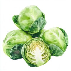 Obraz premium Fresh Brussels sprouts on white background, whole and halved