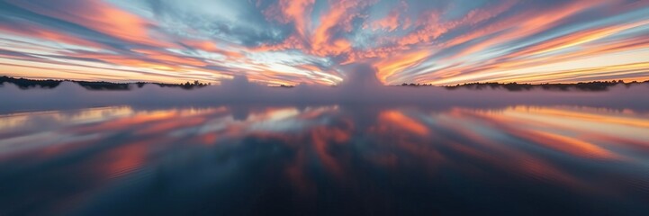 Obraz premium A stunning rainbow-colored sunset over a serene lake with mist rising from the water's surface reflected in the calm and peaceful surroundings, peaceful, mist