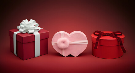 Close-up of female hands holding a gift in a pink heart, present for Valentine's Day, birthday, or anniversary. Flat lay. Symbol of love. Valentine's Day background with a gift box on concrete board.
