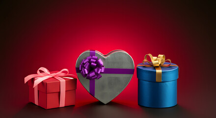Close-up of female hands holding a gift in a pink heart, present for Valentine's Day, birthday, or anniversary. Flat lay. Symbol of love. Valentine's Day background with a gift box on concrete board.
