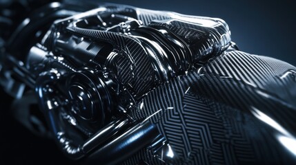 Close-up of a sleek, metallic robotic arm with intricate internal mechanisms and carbon fiber textures.