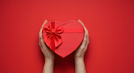 Close-up of female hands holding a gift in a pink heart, present for Valentine's Day, birthday, or anniversary. Flat lay. Symbol of love. Valentine's Day background with a gift box on concrete board.
