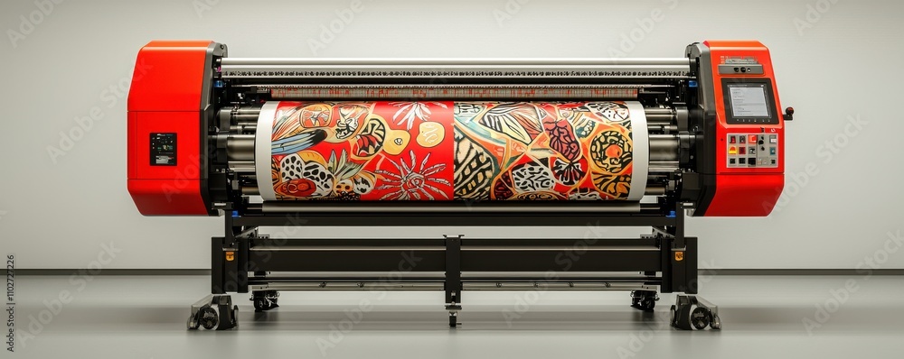 Poster high-quality printing machine with vibrant design patterns.