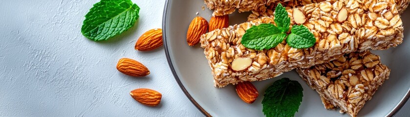 Fototapeta premium Healthy granola bars topped with mint and almonds on a plate.