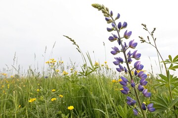 Fototapeta premium Baptisia false indigo flower growing in a meadow with other wildflowers on a white background, botanical, field, garden, false indigo, wildflower
