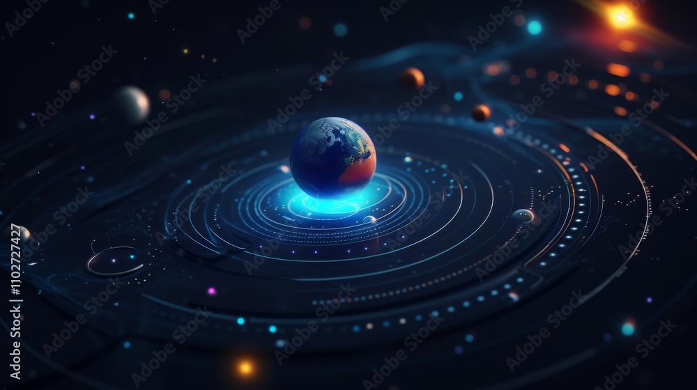 Poster a glowing earth depicted at the center of a futuristic digital space grid, surrounded by planets and