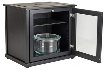 Fototapeta premium Black cabinet with a circular glass container in the center, serene ambiance, airy feel, circular glass container