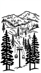 Obraz premium Black and white block print illustration of a ski resort with chair lifts and mountain trails