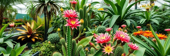 Fototapeta premium Blooming Rebutia carnival cactus in a greenhouse setting surrounded by lush greenery and other exotic plants, succulent arrangement, flowering houseplants, rebutia carnival
