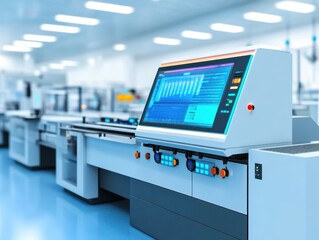 Modern industrial machine with digital control panel in factory.