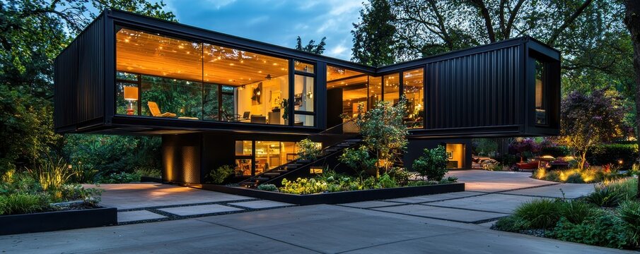 Modern home design with sleek lines and vibrant evening lighting.