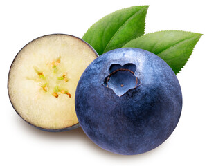 Blueberry fruit with leaf isolated on white background, Fresh Blueberry on White Background With...