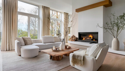 Modern Scandinavian Living Room Minimalist Interior Design with White Furniture, Fireplace, and Wooden Accents