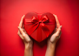 Close-up of female hands holding a gift in a pink heart, present for Valentine's Day, birthday, or anniversary. Flat lay. Symbol of love. Valentine's Day background with a gift box on concrete board.
